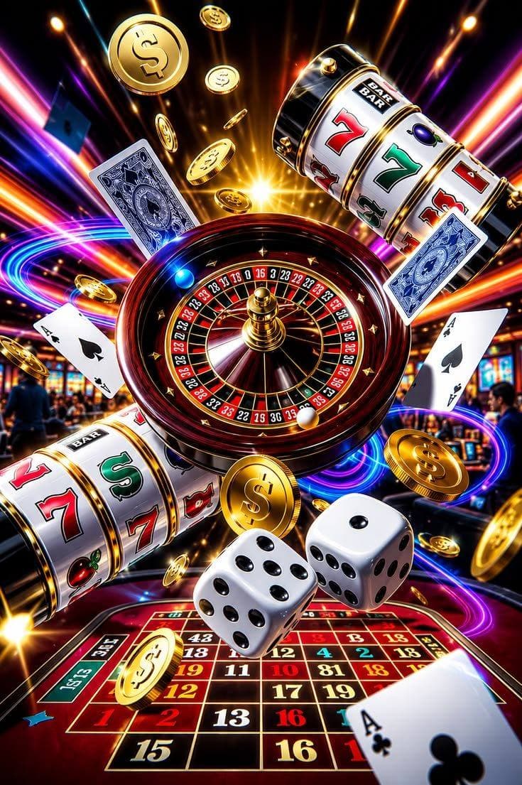 Roulette wheel, dice, playing cards, and slot machine reels representing common online casino games