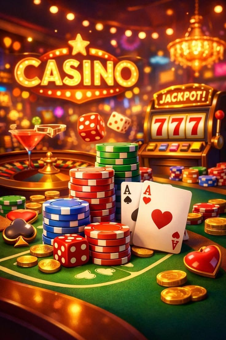 Casino table with roulette wheel, playing cards, chips, and a slot machine showing a jackpot