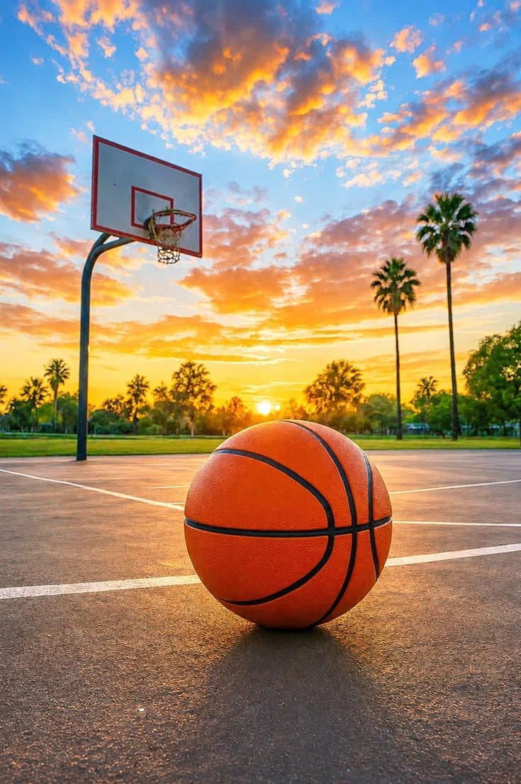 Basketball resting on an outdoor court at sunset beneath the hoop