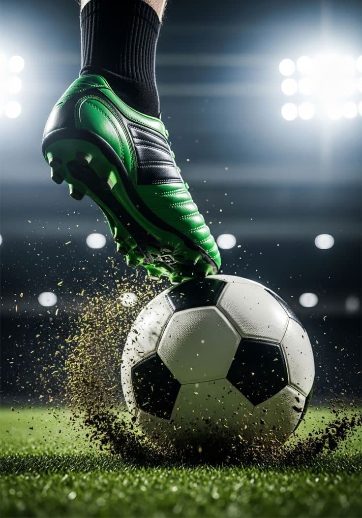 Close-up of a football boot striking the ball on a floodlit stadium pitch